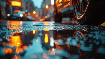 Rain-soaked streets reflecting city lights at night - obrazy, fototapety, plakaty