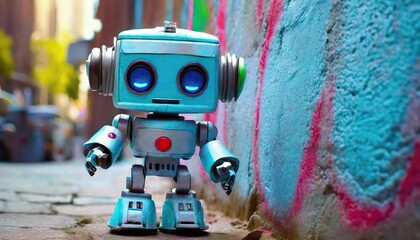 cute robot near graffiti wall 