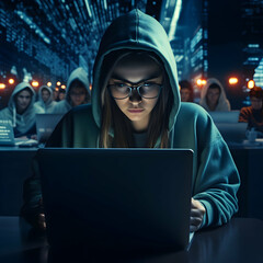 Girl hacker wearing glasses and a hoodie