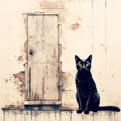 Cute black cat near a small door grunge style