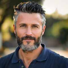 Fototapeta premium Young adult, 36 years old, successful businessman, with beard, gray hair on the sides, warm daylight