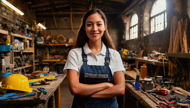 Cheerful woman, standing in a well-organized workshop filled with various tools