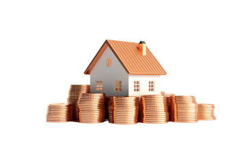 Casa 3d rodeada de monedas doradas sobre fondo transparente concepto de inversion