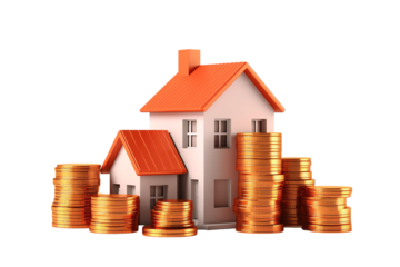 Casa 3d rodeada de dinero sobre fondo transparente concepto de inversion