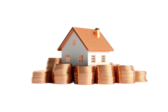 Casa 3d rodeada de monedas doradas sobre fondo transparente concepto de inversion