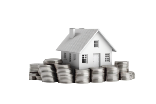 Casa 3d en blanco y negro rodeada de monedas sobre fondo transparente concepto de inversion