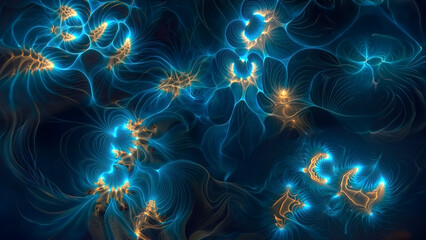 Abstract background like jellyfish or other bioluminescent deep-sea creatures. Generative AI based on my original fractal art.
