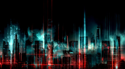 Abstract futuristic city at night with fog and glitch effect. Generative AI based on my original fractal art.