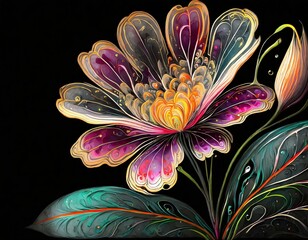 Ebru-inspired flower on black background