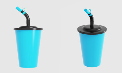 Glossy Plastic Cup with Straw Mockup Isolated On White Background. 3d illustration