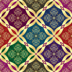 Vector seamless geometric vintage pattern with golden grid and mandalas on the colorful backgrounds