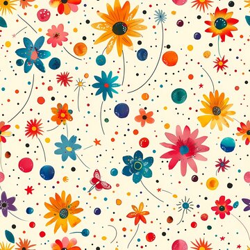 A seamless pattern featuring colorful flowers and dots on a creamy-white background, vibrant, cheerful floral design for Happy Birthday or spring summer party, wrapping paper