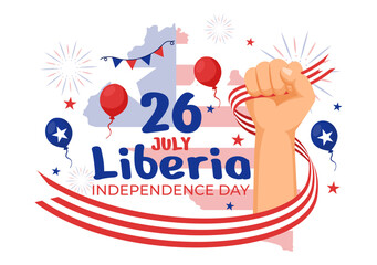 Happy Liberia Independence Day Vector Illustration on July 26 with Waving flag and Ribbon in National Holiday Flat Cartoon Background Design