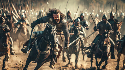  a man in armor fighting with a sword on the battlefield, surrounded by knights and horses - obrazy, fototapety, plakaty