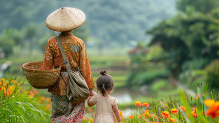 an old Asian woman carrying a basket is walking in the middle of the paddy field with a toddler...