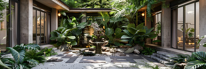 Modern house interior with tropical garden 