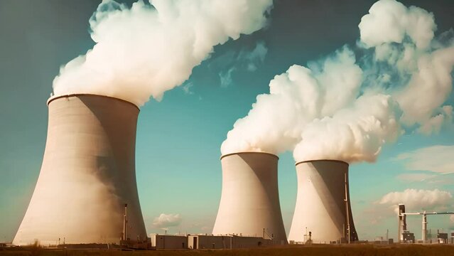 Aerial footage of nuclear power plant or nuclear power station a thermal power station in which the heat source is a nuclear reactor this plant is located in a heavy industrial zone 4k quality Cooling
