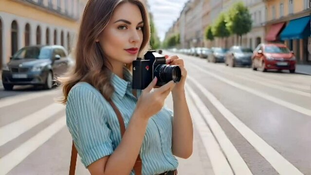 Smiling woman holding camera, capturing beauty with professional photography equipment. Vintage studio shooting concept. Seamless looping 4k timelapse virtual video animation background generated AI
