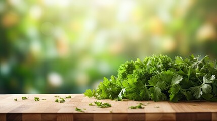 Cutting board and bunch of parsley. Empty space for business template and product presentation in kitchen. Concept of food and cuisine. AI Generated