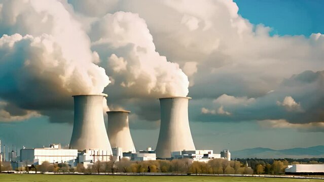 Aerial footage of nuclear power plant or nuclear power station a thermal power station in which the heat source is a nuclear reactor this plant is located in a heavy industrial zone 4k quality Cooling
