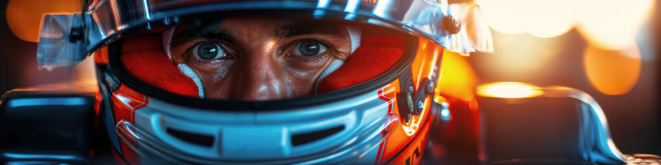 portrait of man driver Formula One racer pilot in helmet in racing car F1 driving on track at race competition