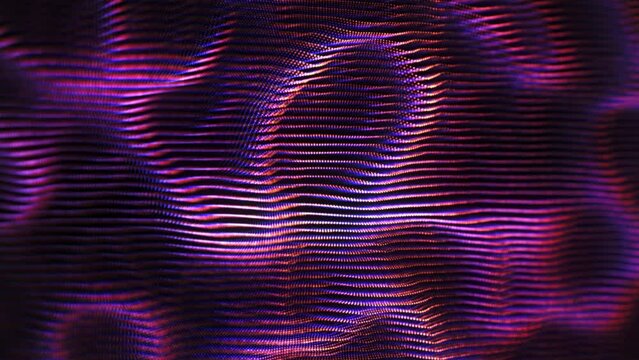 Slow wave motion of purple dotted surface on black background. Abstract concept of digital data, artificial intelligence (AI) and digital sound wave equalizer. 4K looped motion of 3D pink soundwaves