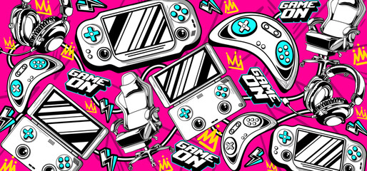 Gaming background vector and illustrations. Retro video game elements in graffiti style © Themeaseven