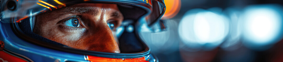 male Formula One racer pilot in helmet in a racing car F1 on track at a race competition
