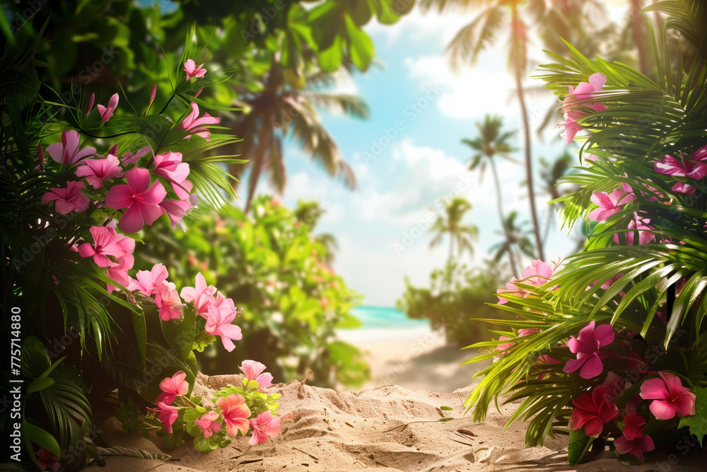 Poster palm trees and flowers on the beach. background image. created with generative ai technology.