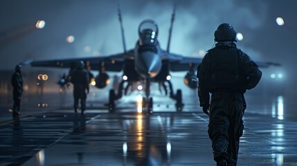 Air force. Special soldier and an airplane. Fighter jet is on the runway. Concept of a military operation and equipment. AI Generated - obrazy, fototapety, plakaty