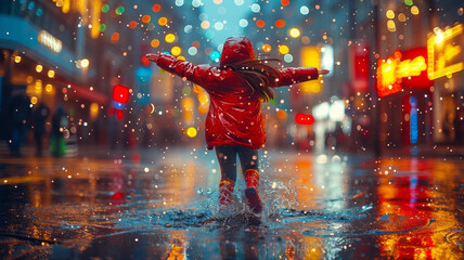 Young girl joyfully splashes in city puddle amid vibrant rain,generative ai - obrazy, fototapety, plakaty