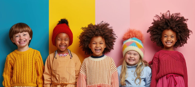 A colorful photo of five happy children from different ethnicities, each wearing fashionable and accessories that match their skin tone