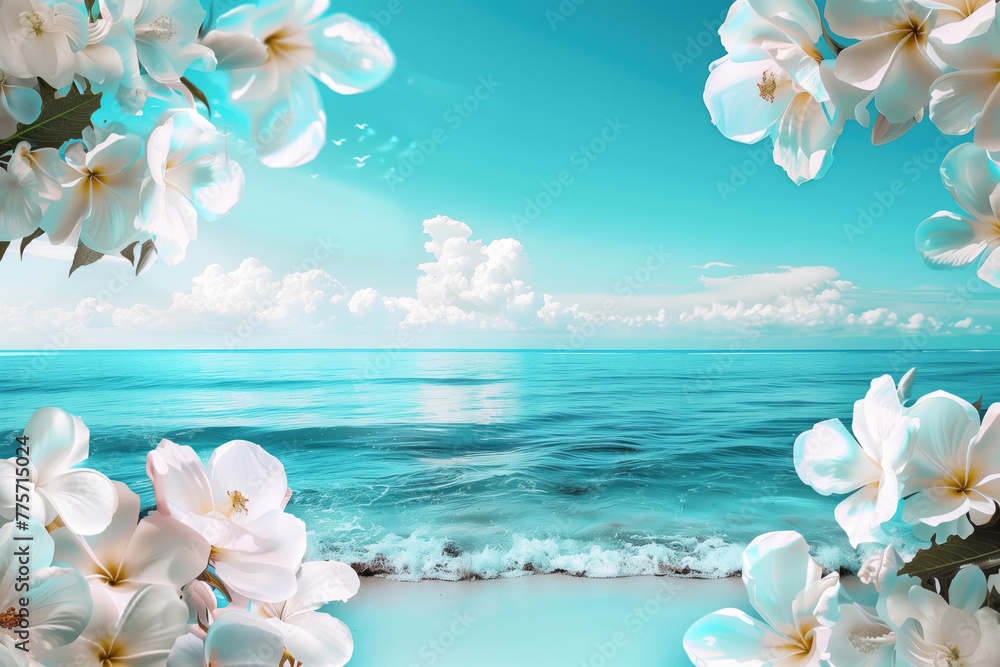 Poster background with flowers and sunny beach. background image. created with generative ai technology.