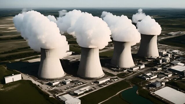 Aerial footage of nuclear power plant or nuclear power station a thermal power station in which the heat source is a nuclear reactor this plant is located in a heavy industrial zone 4k quality Cooling