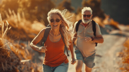 A couple of old people, man and woman woman joyfully jogs. Healthy retirement lifestyle. 