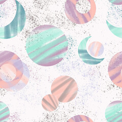 Abstract seamless pattern of striped circles and splashes.