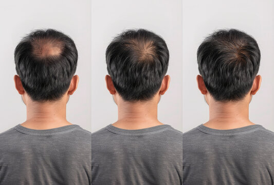 back side of a man with hair loss problem. comparing before and after treatment with thinning or falling hair and noticeably thicker hair and healthier