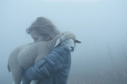A girl holds a sheep in her arms on a foggy day