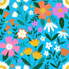 Flowers flat hand drawn vector seamless pattern on blue background. Decorative blossom, blooming vintage backdrop. Botanical texture with modern abstract flowers for fabric, textile, wallpaper.