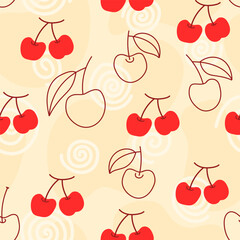 Seamless brightly colored pattern with juicy cherries hand drawn drawing. Linear doodle cherries vector. Seamless background for wrapping paper.