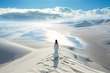 a woman in a white dress walks along the ridge of a sand dune in the desert