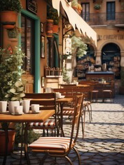 Fototapeta na wymiar Beautiful European traditional small pavement cafe in the morning in summer, no people, vertical photo, selective focus.