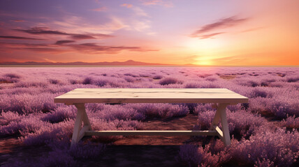 rustic wooden table copy space banner overlooking a breathtaking lavender field under a stunning...