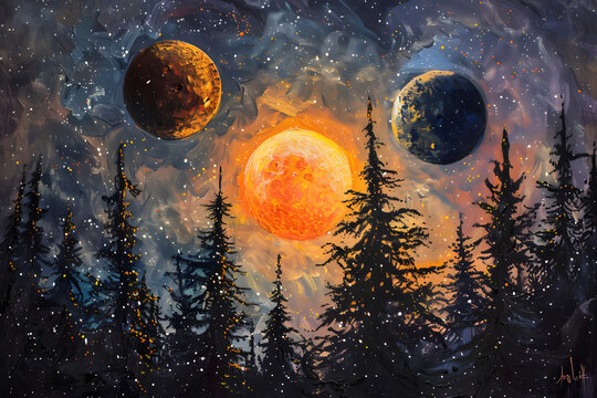a painting of three planets in the sky with trees in the foreground and an orange sun in the middle of the sky, with trees in the foreground.