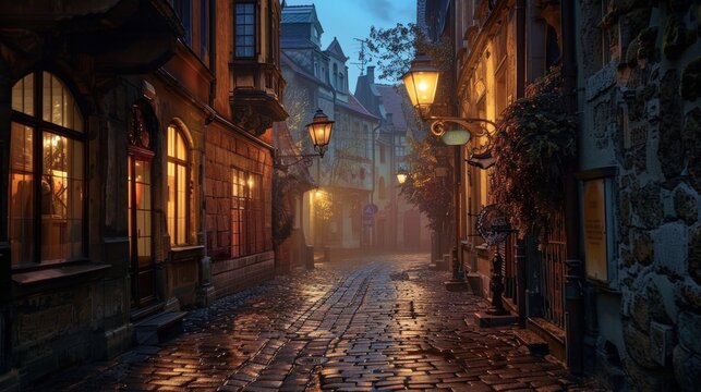 A cobblestone alley in an old European town, lit by streetlamps