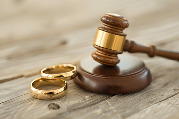 Two gold wedding rings in front of a judge's gavel on a wooden surface. Legal and matrimonial concept for divorce law and marriage dissolution proceedings - obrazy, fototapety, plakaty