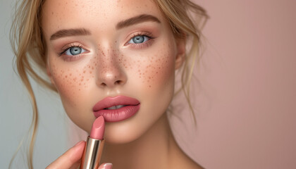 Blond russian woman apply pink lipstick make up on lips (closeup). Empty pink background