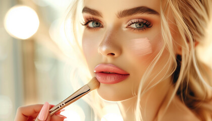 Woman getting makeup done for wedding. Blond and beautiful. Close-up. empty background