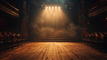 Empty stage basked in spotlight awaiting performance - obrazy, fototapety, plakaty
