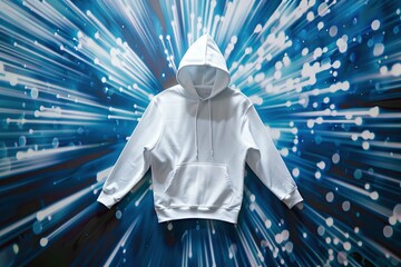 white hoodie on energetic background